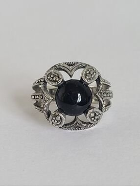 Vintage Boho Sterling Silver Black Onyx Floating Cabochon Marcasite Crystal Ring